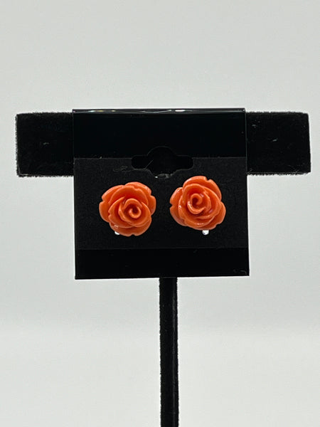 Natural Orange Coral Gemstone Carved Rose Flower Sterling Silver Stud Earrings