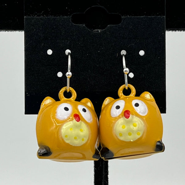 Cute Brass 3d Owl Jingle Bell Dangle Earrings