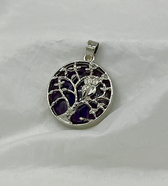 Natural Amethyst Gemstone Round Cabochon Pendant Silver Tone Owl in Tree Frame