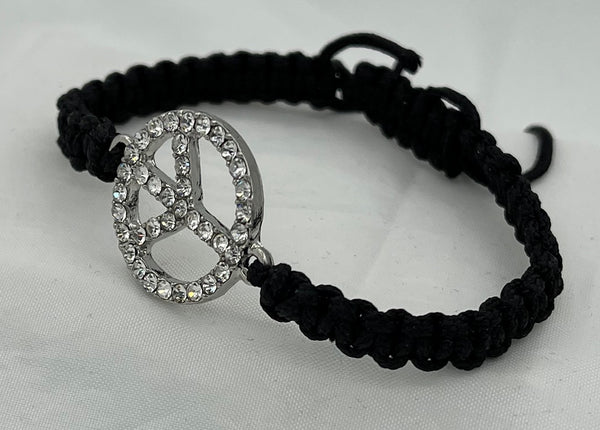 Silvertone and Clear CZ Peace Sign on Black Cotton Cord Adjustable Bracelet