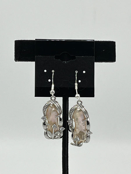 Natural Peach Stick Pearl Gemstone & CZ Elegant Sterling Silver Dangle Earrings