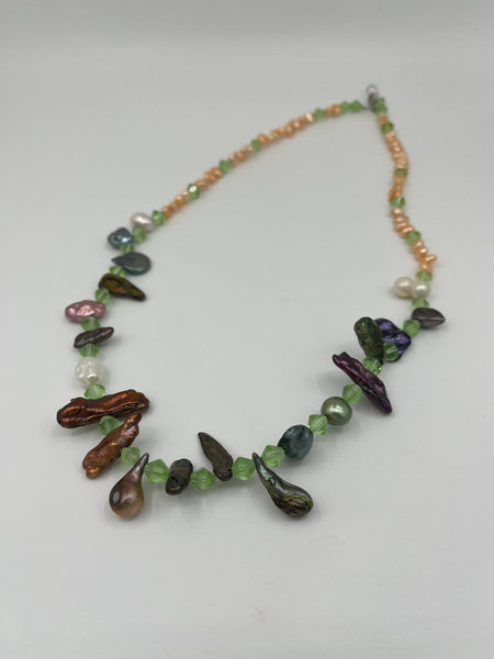 Natural Peach Baroque Pearl Gemstone and Green Glass Beaded Necklace