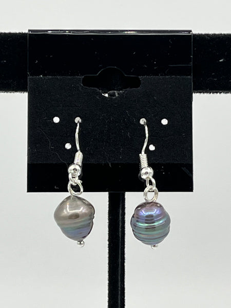 Natural Black Baroque Pearl 12 MM Beaded Sterling Silver Dangle Earrings