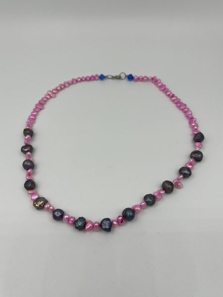 Natural Black Peacock and Pink Baroque Pearl Gemstone Beaded Necklace