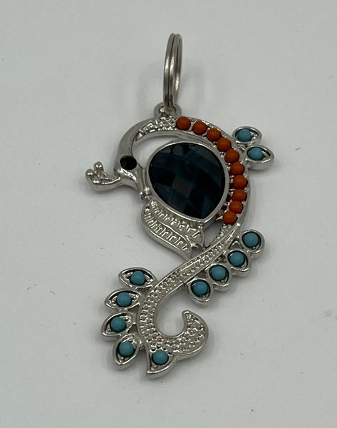 Silvertone and Red Black and Turquoise Enamel Peacock Pendant