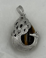 Natural Tiger Eye Gemstone Teardrop Cabochon Pendant with Silvertone Peacock