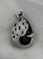 Natural Black Onyx Gemstone Teardrop Cabochon Pendant with Silvertone Peacock