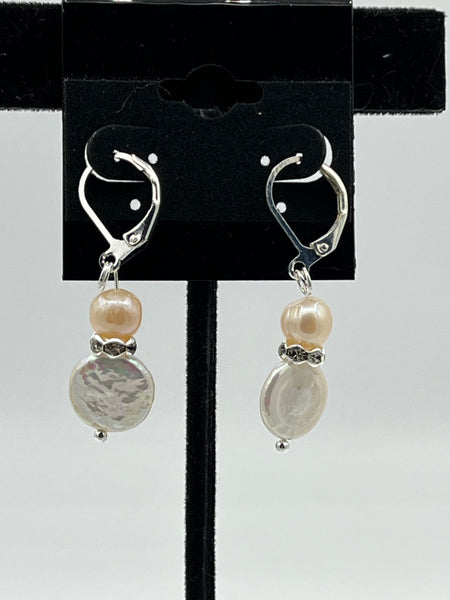 Natural Champagne and White Pearl Gemstone Sterling Silver Leverback Earrings
