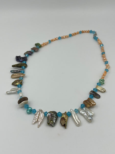 Multicolor Stick and Baroque Pearl Gemstone and Turquoise Glass Beaded Necklace