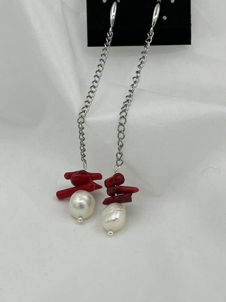 White Baroque Pearl and Red Coral Gemstone Long Dangle Sterling Silver Earrings