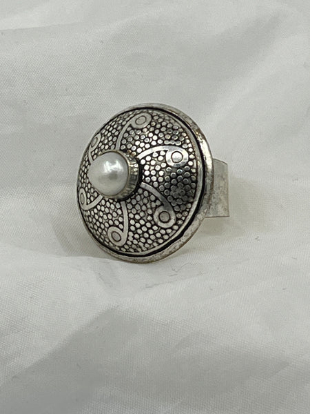 Natural White Pearl Gemstone Sterling Silver Adjustable Dome Ring