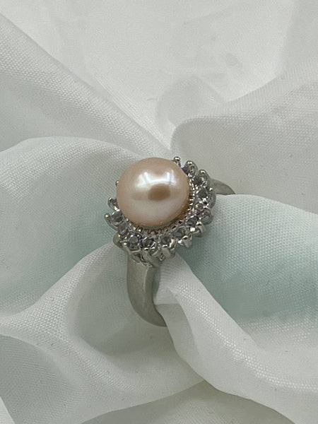 Natural Pink Pearl Gemstone Round and Clear CZ White Gold Plated Adjustable Ring