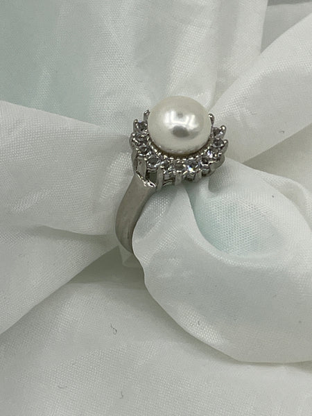 Natural White Pearl Gemstone and CZ White Gold Plated Adjustable Ring