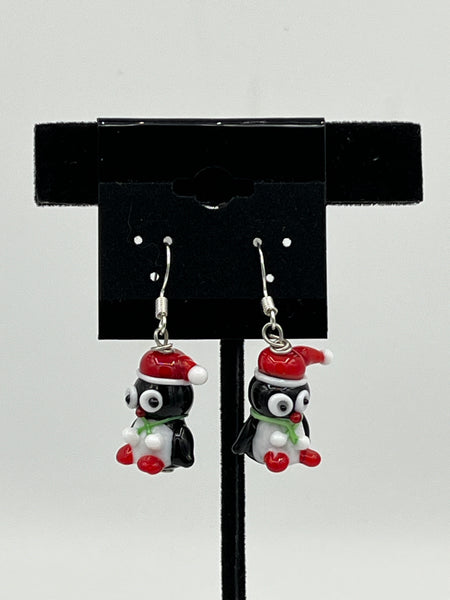 Lampworked Glass 3D Christmas Penguin Sterling Silver Dangle Earrings