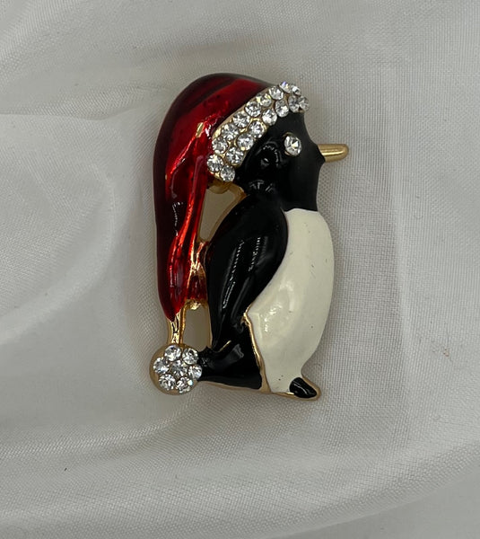 Goldtone Black and White Enamel Christmas Penguin Pin Brooch with Clear CZs