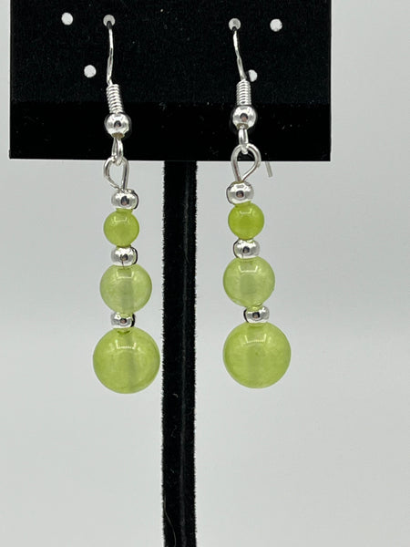 Natural Peridot Gemstone Graduated Round Beaded Sterling Silver Dangle Earrings