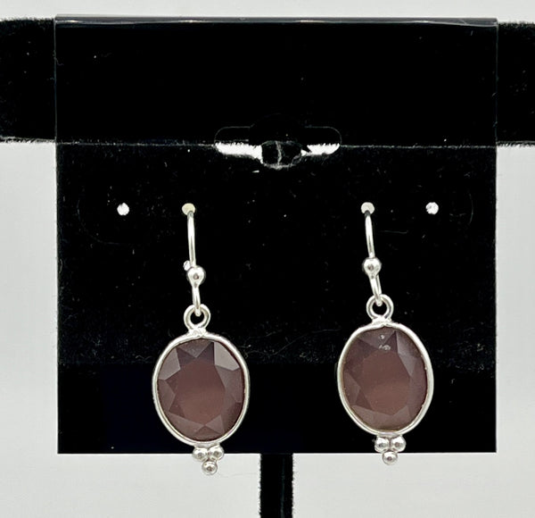 Natural Pink Chalcedony Gemstone Faceted Oval Sterling Silver Dangle Earrings