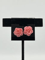 Natural Pink Coral Gemstone Carved 3D Rose Flower Sterling Silver Stud Earrings