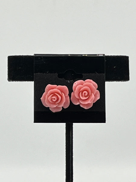Natural Pink Coral Gemstone Carved 3D Rose Flower Sterling Silver Stud Earrings