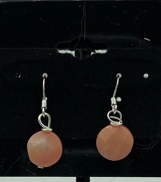 Natural Pink Coral Gemstone Faceted Disk Beaded Sterling Silver Dangle Earrings