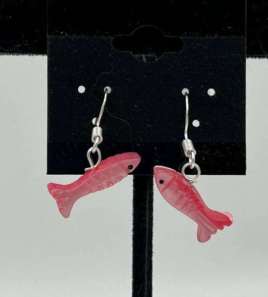 Natural Pink Mother of Pearl Shell Carved Fish Sterling Silver Dangle Earrings