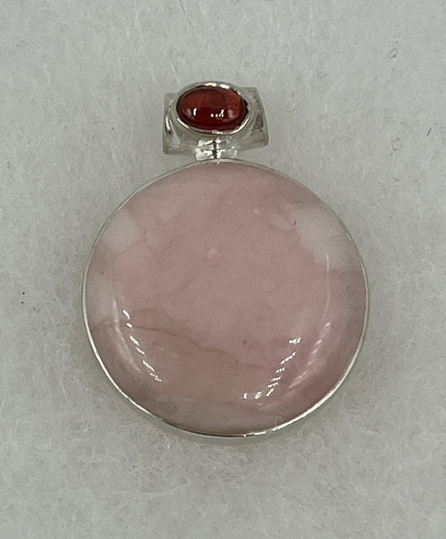 Natural Pink Opal and Garnet Gemstone Round Cabochon Sterling Silver Pendant