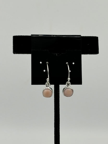 Natural Pink Opal Gemstone Round Cabochon Sterling Silver Dangle Earrings