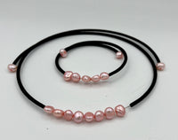Natural Pink Pearl and Black Leather Beaded Memory Wire Necklace and Bracelet