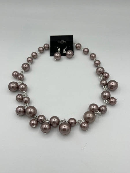Natural Pink Pearl Gemstone Round Beaded Cluster Necklace & Dangle Earrings Set