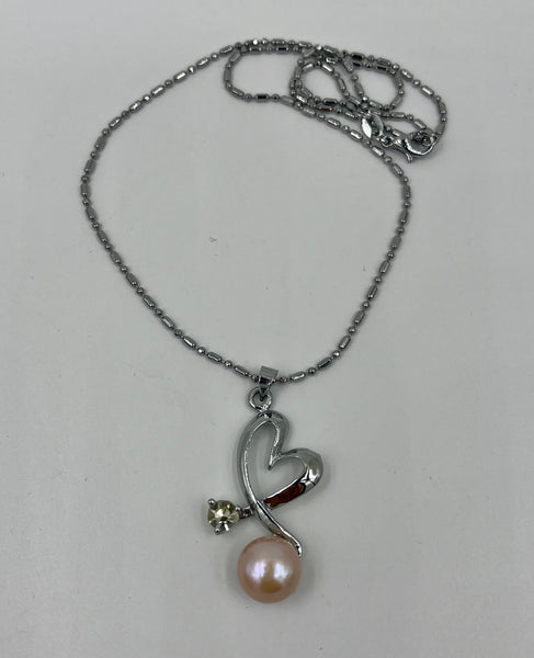 Natural Pink Pearl Gemstone CZ and Silver Tone Heart Pendant on Chain Necklace