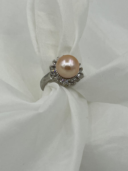 Natural Pink Pearl Gemstone and CZ Round White Gold Plated Adjustable Ring