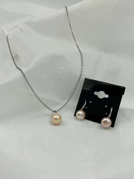 Natural Pink Pearl Gemstone Pendant on Chain and Dangle Earrings Set