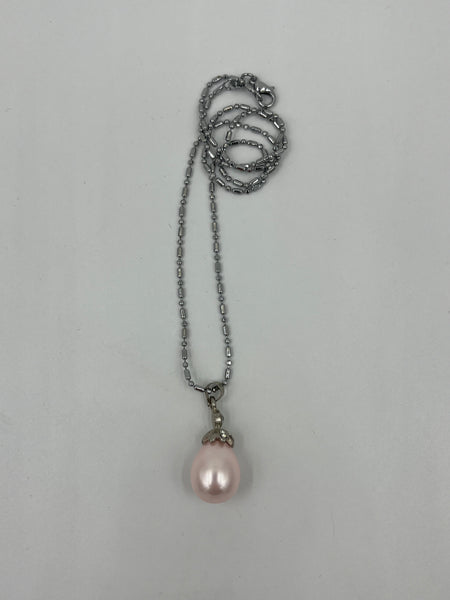 Natural Pink Pearl Gemstone Pendant on Silver Chain Necklace