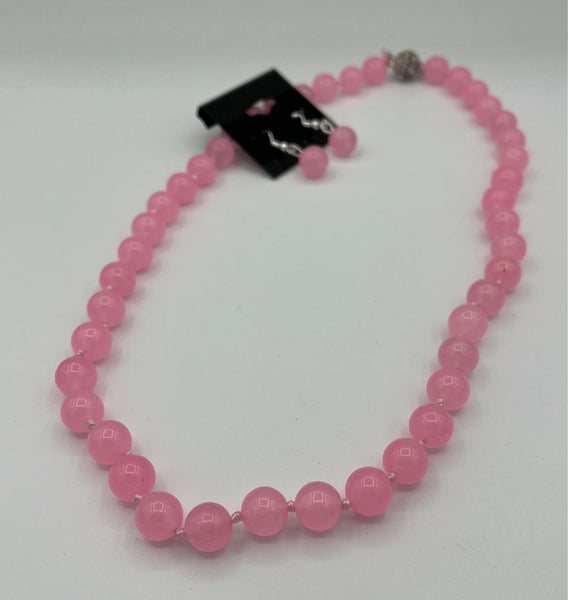 Natural Pink Quartz Gemstone 10MM Round Beaded Necklace and Dangle Earrings Set