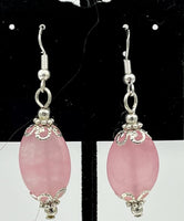 Natural Pink Quartz Gemstone Ovals Beaded Sterling Silver Dangle Earrings