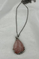 Natural Pink Quartz Gemstone Teardrop in Floral Setting Pendant on Chain