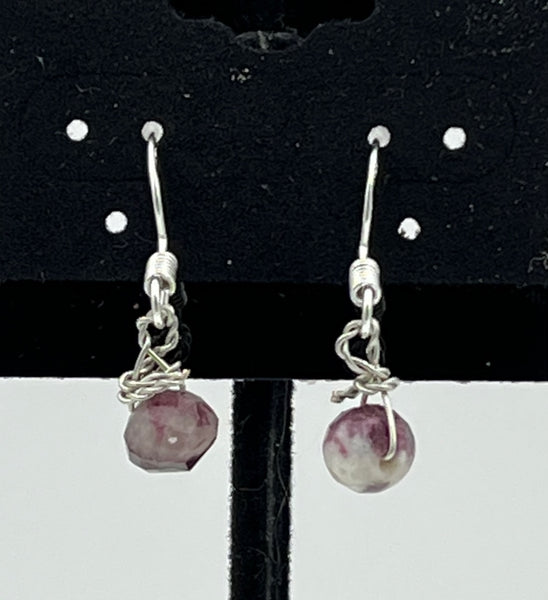 Natural Pink Tourmaline Quartz Gemstone Beaded Sterling Silver Dangle Earrings