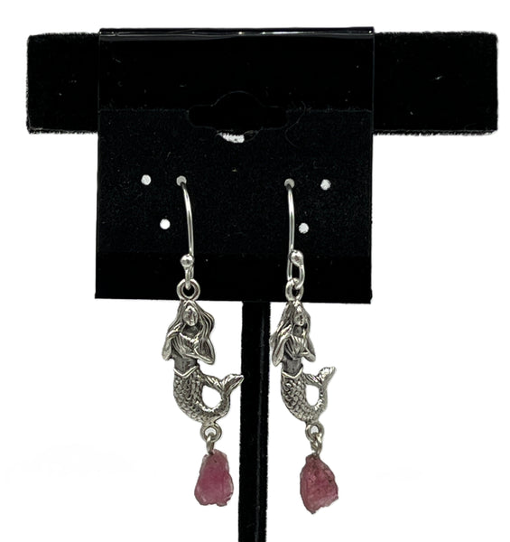 Natural Rough Pink Tourmaline Gemstone Sterling Silver Mermaid Dangle Earrings