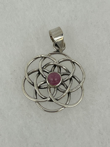 Natural Pink Tourmaline Gemstone Round Sterling Silver Flower Pendant