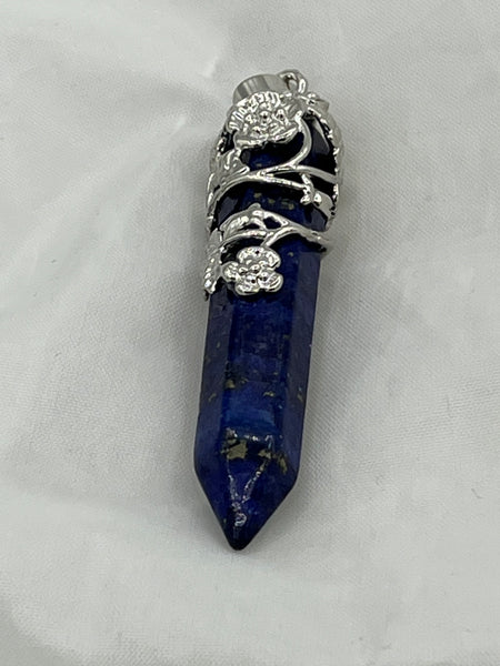 Natural Lapis Gemstone Point Pendant with Silvertone Flower Setting