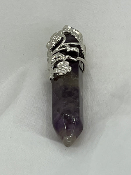 Natural Amethyst Gemstone Point Pendant with Silvertone Flower Setting