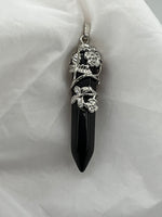 Natural Black Onyx Gemstone Point Pendant with Silvertone Flower Setting