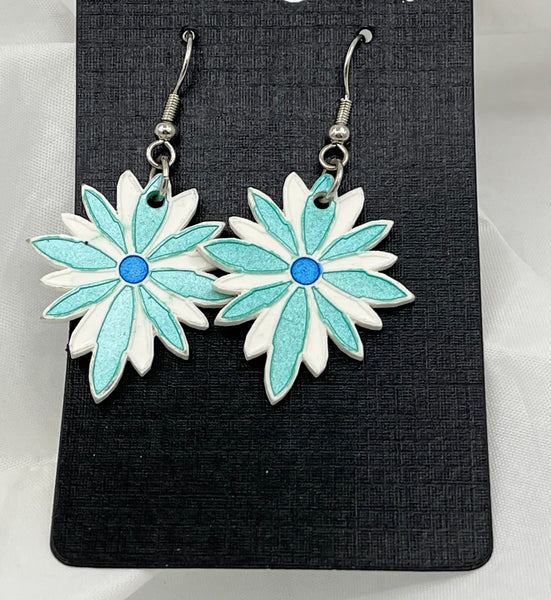 Blue and White Painted Porcelain Sunflower Dangle Earrings