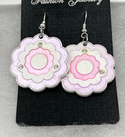 Painted Lavender White and Pink Porcelain Round Dangle Earrings with Clear CZs