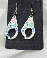 White Porcelain Shell Shaped Dangle Earrings Painted Green Pink and Blue