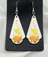 White Painted Porcelain Triangles Dangle Earrings with Rose and Butterfly Design