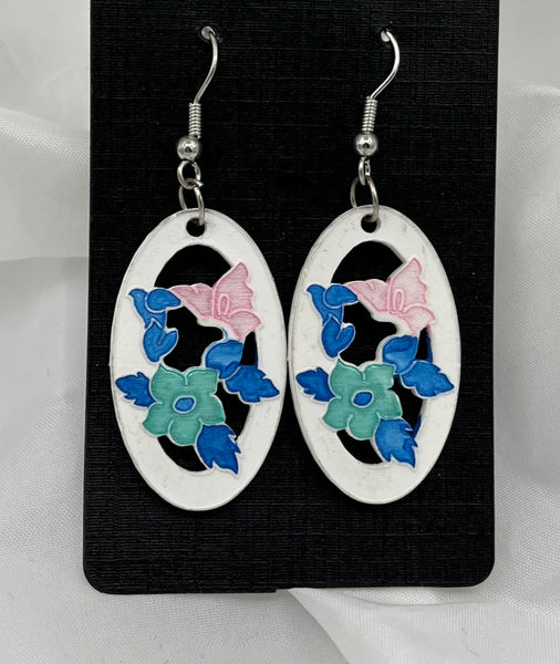 White Porcelain Ovals with Pink Blue and Green Flowers Dangle Earrings