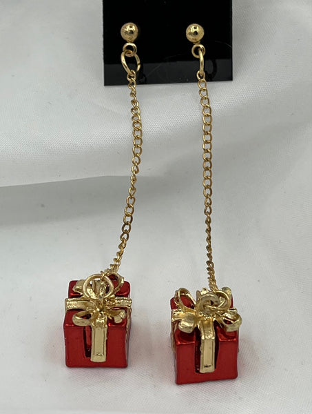 Goldtone and Red Enamel Christmas Present Gift Package Dangle Earrings