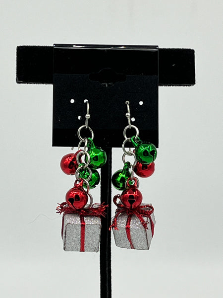 Red and Silver Christmas Present Gift Package with Jingle Bells Dangle Earrings