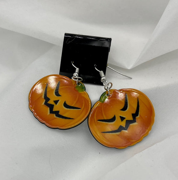 Silvertone Enamel Halloween Pumpkin Jack O Lantern Stud Post Earrings